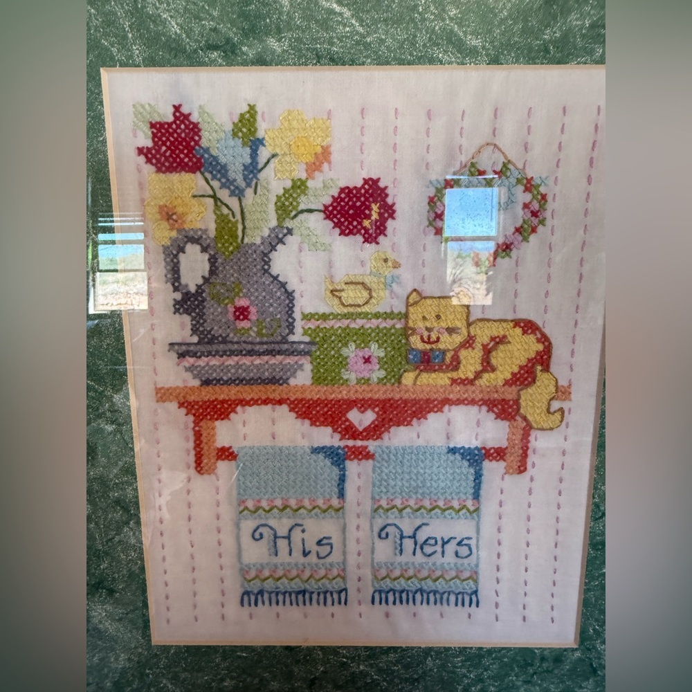 Vintage Cross-Stitch His & Hers Framed Needlepoint 15x12” Estate cottage core - Picture 2 of 9